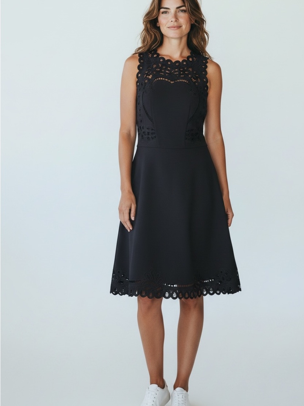 Ted Baker London Black Sleeveless Eyelet Midi Dress
